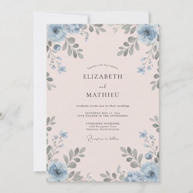 Azurblaue Braut-Blatt-Hochzeit Einladung (Vorderseite)