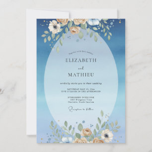 Azurblaue Champagner-Blüten-Hochzeit Einladung