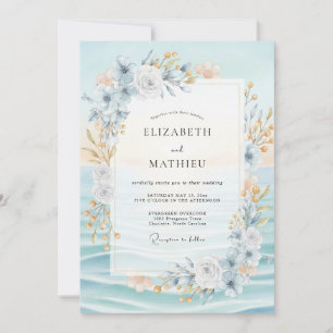 Azurblaue Champagner-Pfingstrosen-Hochzeit Einladung