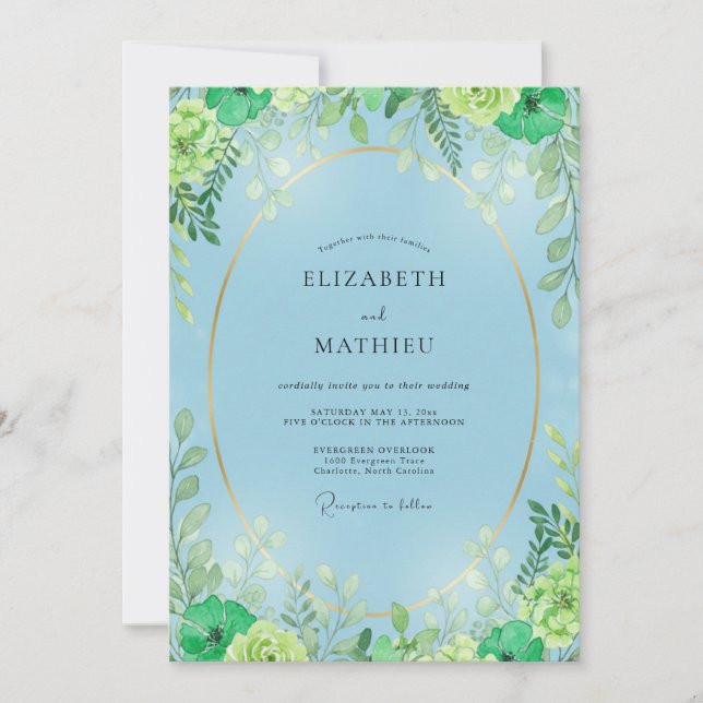 Azurblaue Chartreuse-Blatt-Hochzeit Einladung (Vorderseite)