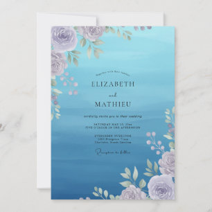 Azurblaue Flieder-Ranunculus-Sage-Hochzeit Einladung