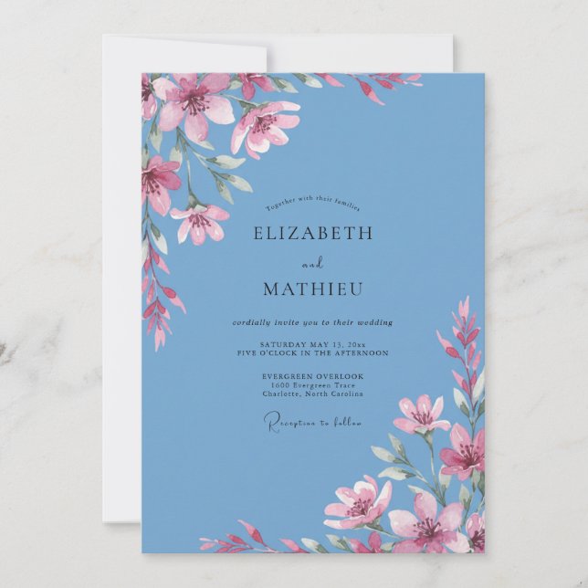 Azurblaue Fuchsien-Hochzeit Einladung (Vorderseite)