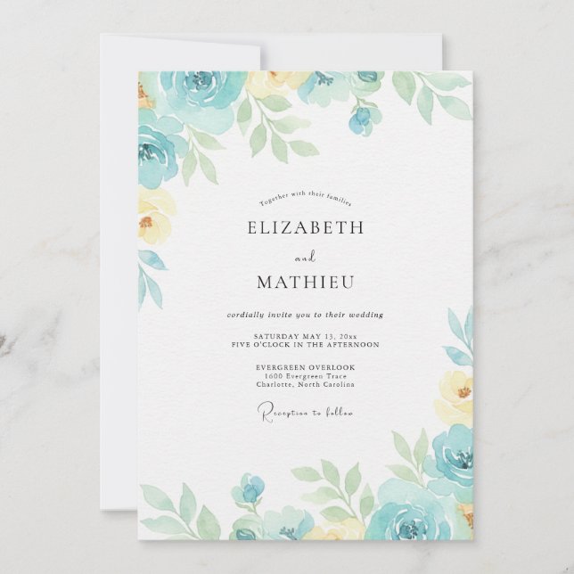 Azurblaue Gelbe Blätterhochzeit Einladung (Vorderseite)
