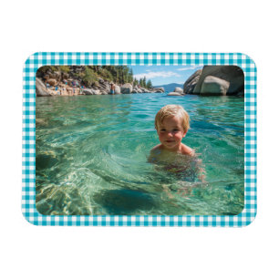 Azurblaue Gingham-Karofamilienfoto Magnet