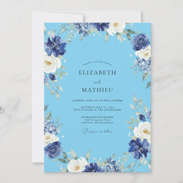 Azurblaue Indigo-Hochzeit Einladung (Vorderseite)