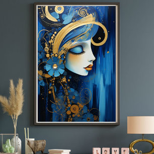 Azurblaue Kaiserin – Blaue und goldene Art Deco Fr Leinwanddruck