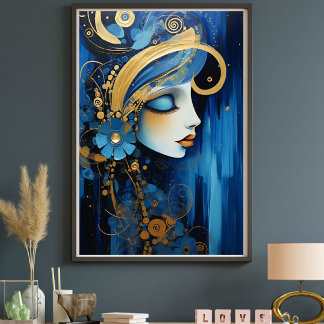 Azurblaue Kaiserin – Blaue und goldene Art Deco Fr Leinwanddruck