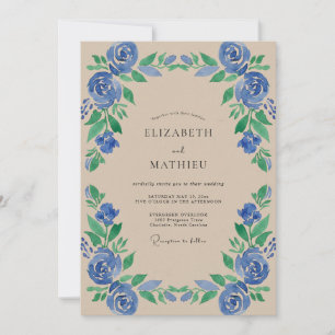 Azurblaue Kobalt-Blüten-Hochzeit Einladung