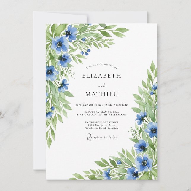 Azurblaue lebhafte Floral-Hochzeit Einladung (Vorderseite)