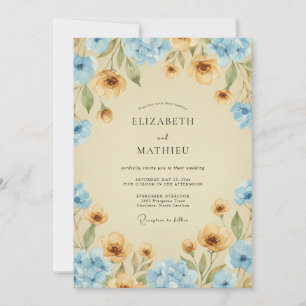 Azurblaue Ocker-Wildblumen-Hochzeit Einladung