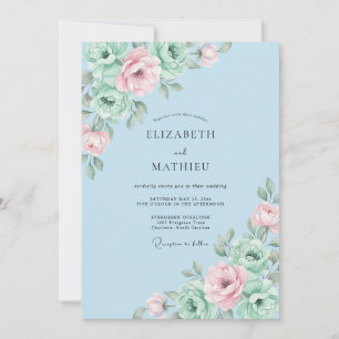 Azurblaue Pfingstrosen-Hochzeit Einladung