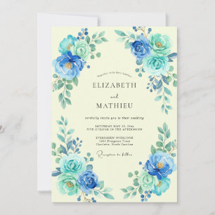Azurblaue Ranunculus-Eukalyptus-Hochzeit Einladung