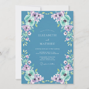 Azurblaue Ranunculus-Veilchen-Hochzeit mit dusty E Einladung