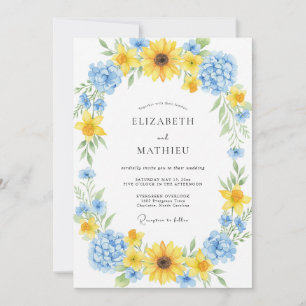 Azurblaue Sonnenblumen-Kranz-Hochzeit Einladung