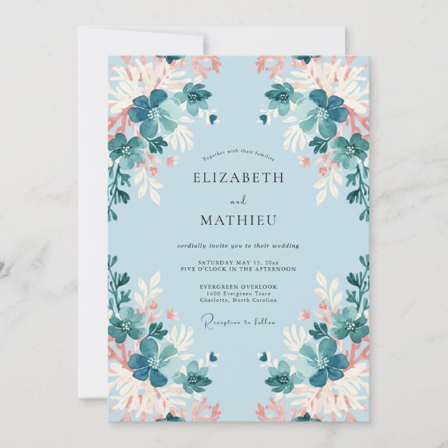 Azurblaue Teils Hochzeit Einladung (Vorderseite)