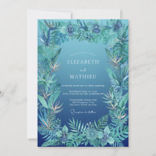 Azurblaue Tropische Palmen-Eukalyptus-Hochzeit Einladung