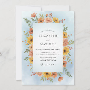 Azurblaue verstaubte Korallen-Wildblumen-Hochzeit Einladung