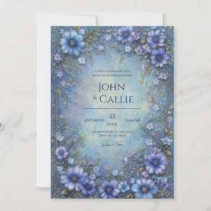 Azurblaue Verzierte Blütenrahmen-Hochzeit Einladung