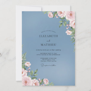 Azurblaue weiche rosa Laub-Eukalyptus-Hochzeit Einladung