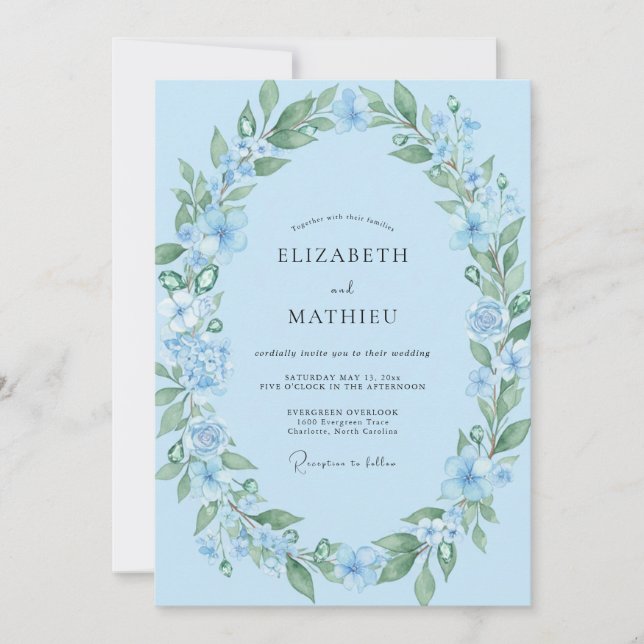 Azurblaue Wildblumen-Hochzeit Einladung (Vorderseite)