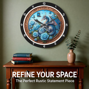 Azurblauer Drache Blaue Rose Fantasy Große Wanduhr