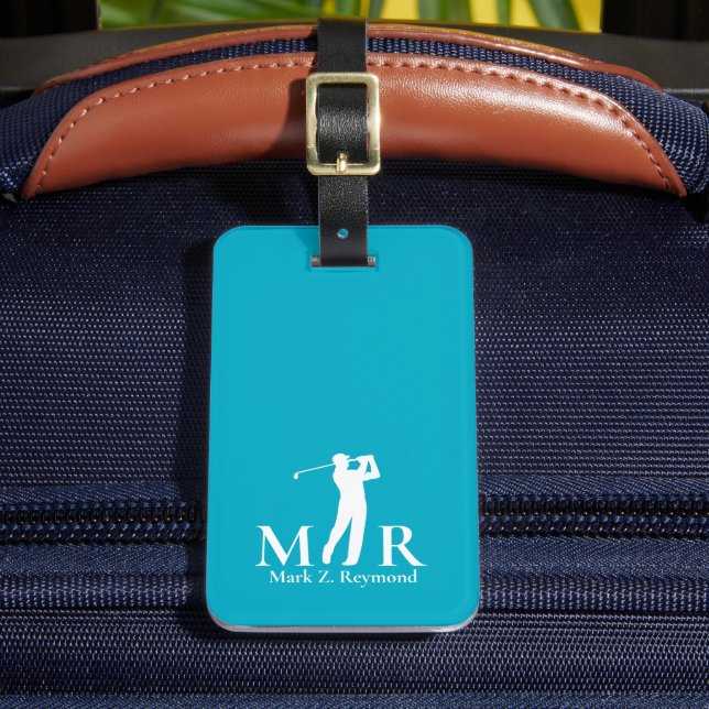 Azurblauer Golfspieler mit Monogramm Gepäckanhänger (Vorderseite Insitu 2)
