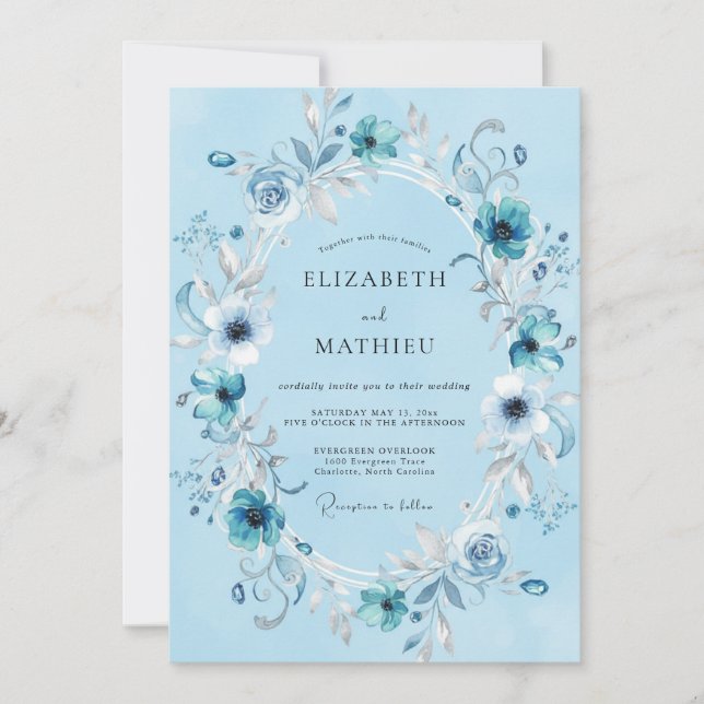 Azurblauer Kranz Hochzeit Einladung (Vorderseite)