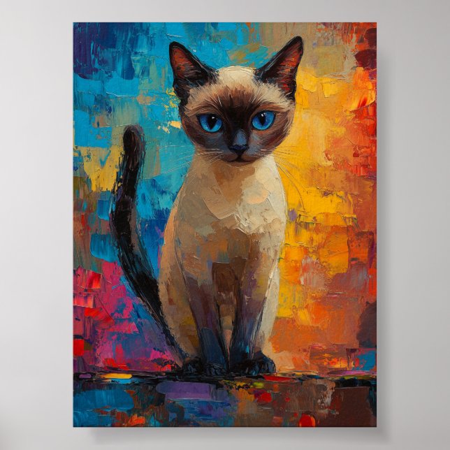 Azurblauer Siamese – Lebendiges Pinselstrichporträ Poster (Vorne)