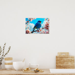Azurblauer Vogel auf Kirschblütenzweig Poster