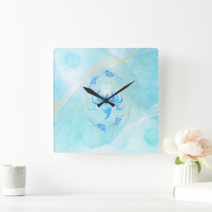 Azurblüte Blaugrüne Lotusblume Quadratische Wanduhr