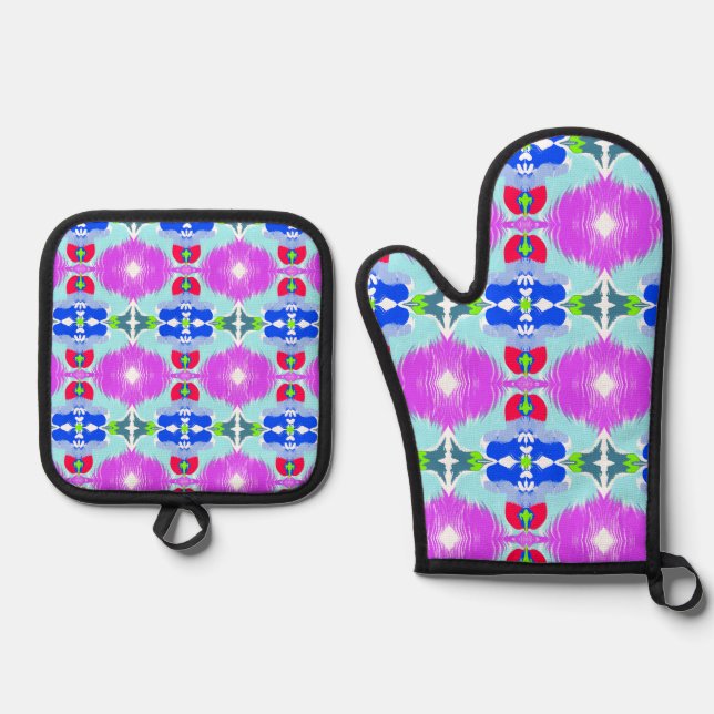 Azurblüten-Kaleidoskop Ofenhandschuh & Topflappen-Set (Vorderseite)