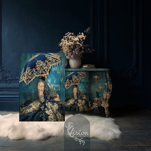 Azure Allure French Portrait & Parasol Royal Blue Seidenpapier (Azure Allure, French Lady, Romantic Rococo Portrait Parasol Moody Blue Decoupage Tissue Paper)