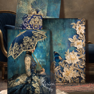 Azure Allure Navy Gold Spitze Damast Ballkleid Set Geschenkpapier Set