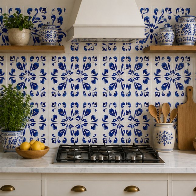 Azure Arabesque Floral Geometry Elegant Coastal Fliese (Von Creator hochgeladen)