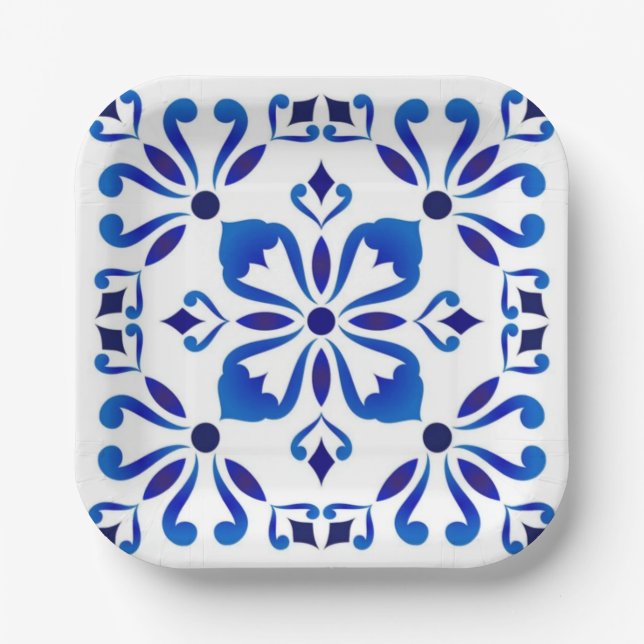 Azure Arabesque Floral Geometry Elegant Coastal Pappteller (Vorderseite)