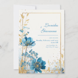 Azure Blooms & Gold Leaf Watercolor Wedding Einladung