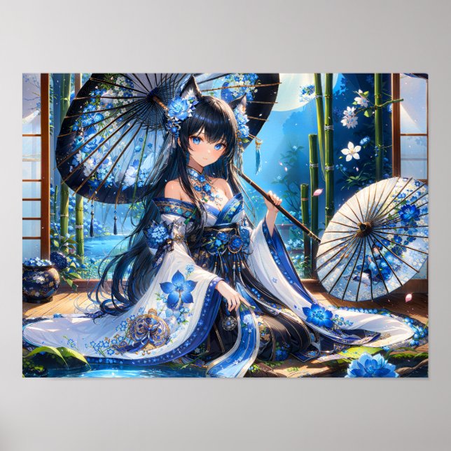 Azure Blossom Kimono Girl Poster (Vorne)
