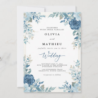 Azure Blue Floral Romance Wedding Einladung