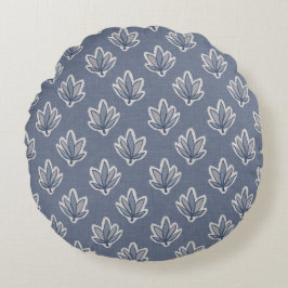 Azure Blue Leaf Linen Look Rundes Kissen