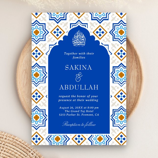 Azure Blue Persian Mosaic QR Code Muslim Wedding Einladung (Von Creator hochgeladen)