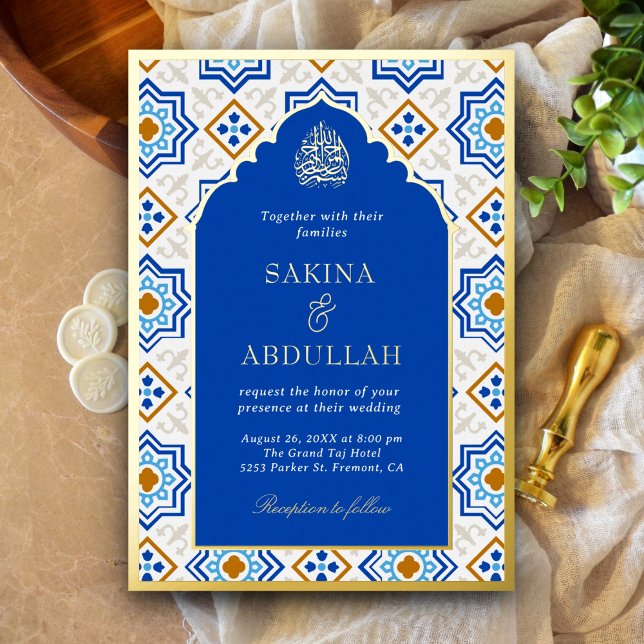 Azure Blue Persian Mosaik Muslim Wedding Gold Folieneinladung (Von Creator hochgeladen)