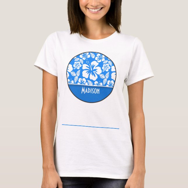 Azure Blue Tropical Hibiskus; Personalisiert T-Shirt (Vorderseite)
