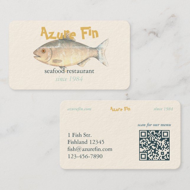 Azure Fin Classic Fish Restaurant QR Code Visitenkarte (Vorne/Hinten)