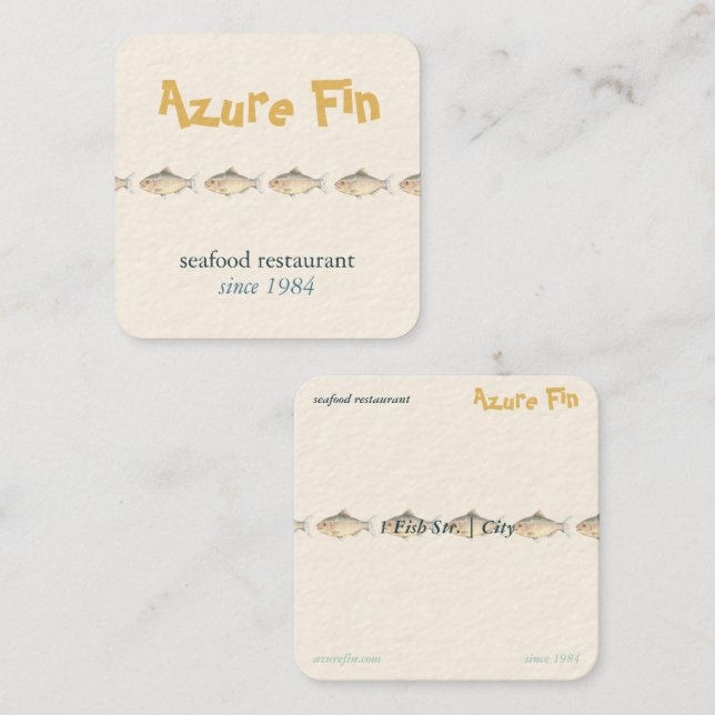 Azure Fin Coastal Fish Pattern Seafood Restaurant Quadratische Visitenkarte (Vorne/Hinten)