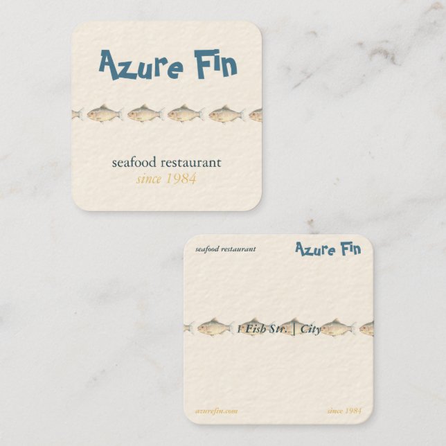 Azure Fin Coastal Fish Pattern Seafood Restaurant Quadratische Visitenkarte (Vorne/Hinten)