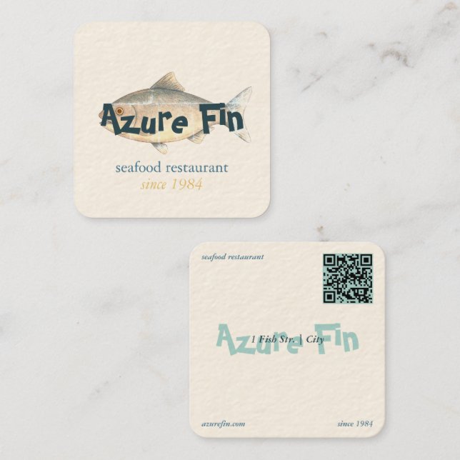 Azure Fin Elegant Fish Restaurant Logo Quadratische Visitenkarte (Vorne/Hinten)