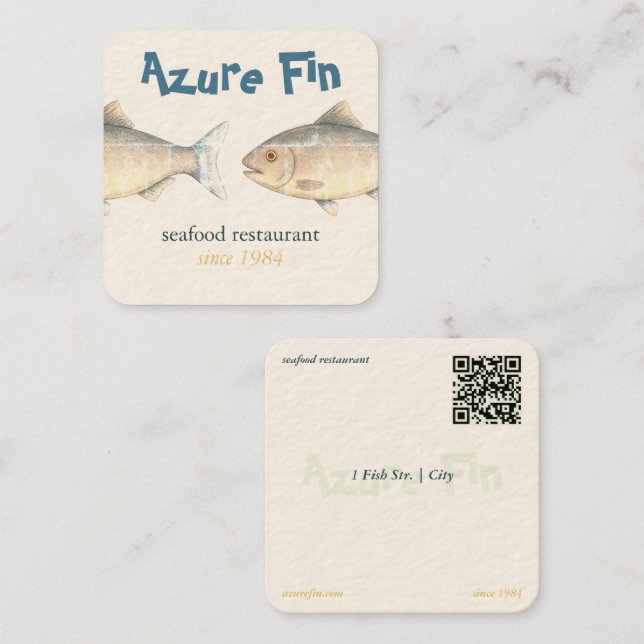 Azure Fin Elegant Fish Restaurant Logo Quadratische Visitenkarte (Vorne/Hinten)