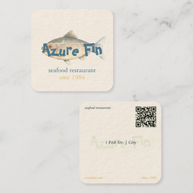 Azure Fin Elegant Fish Restaurant Logo Quadratische Visitenkarte (Vorne/Hinten)