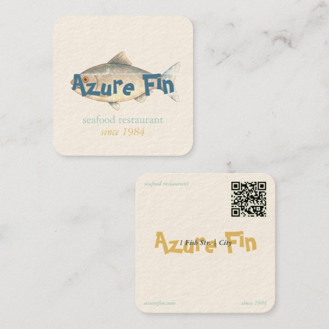 Azure Fin Elegant Fish Restaurant Logo Quadratische Visitenkarte (Vorne/Hinten)