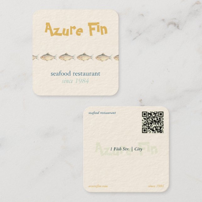 Azure Fin Elegant Fish Restaurant Logo Quadratische Visitenkarte (Vorne/Hinten)